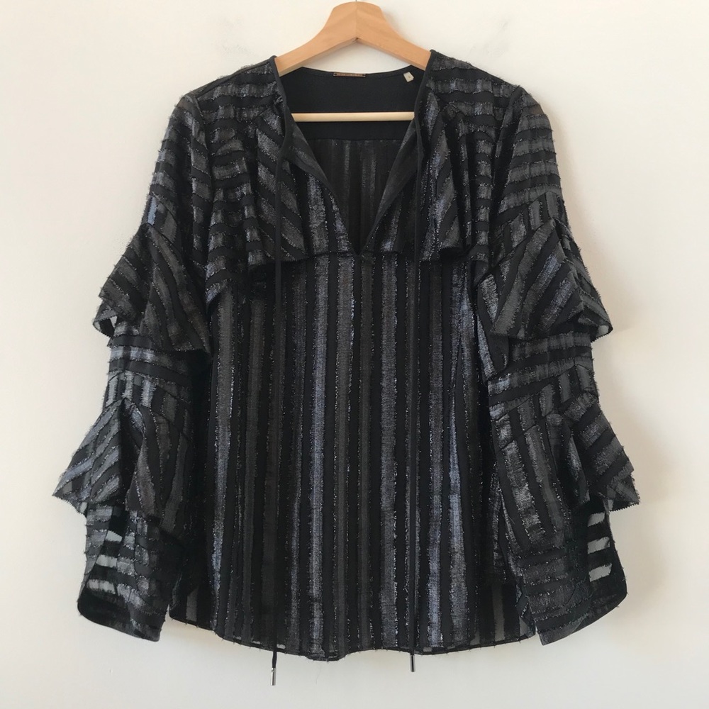 Elie Tahari silk ruffle black metallic shirt